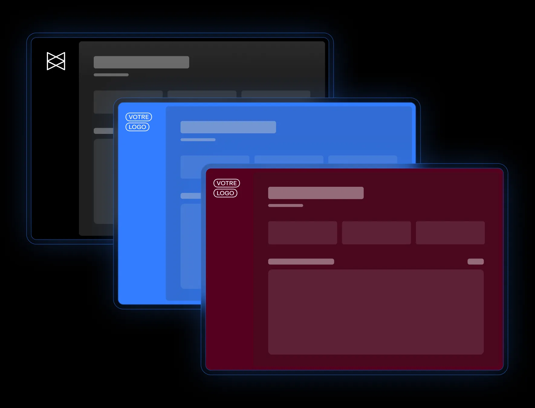 Trois maquettes de pages web sur fond noir : une noire, une bleue et une rouge, toutes portant l'inscription « VOTRE LOGO ».