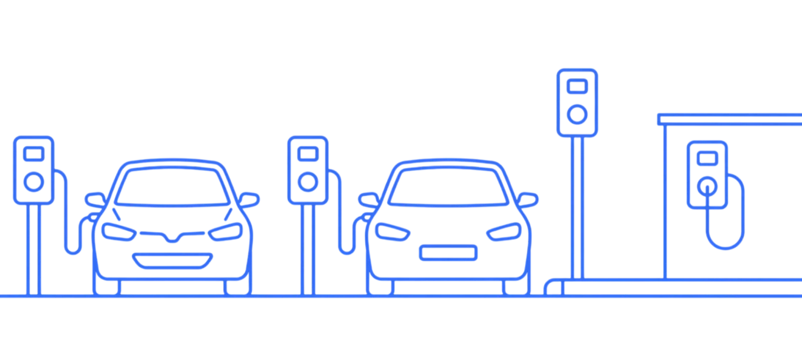 Line illustration of electric vehicles plugged into charging points at a public EV charging station