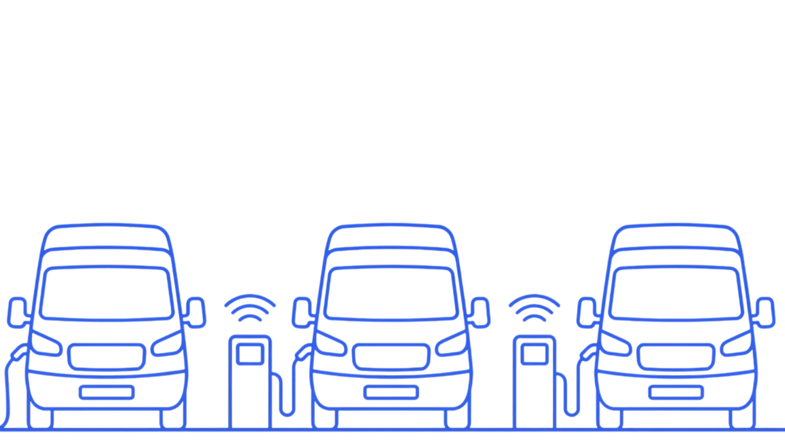 Three illustrated vans connected to electric charging stations with wireless signals, representing an EV fleet charging network