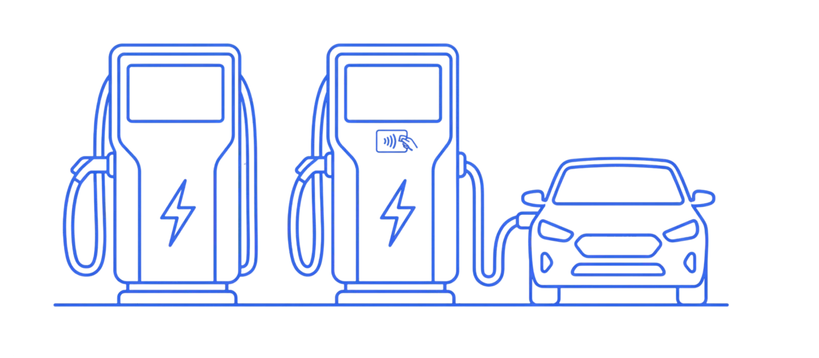 Two electric vehicle charging stations, one with a contactless payment reader, connected to an electric car