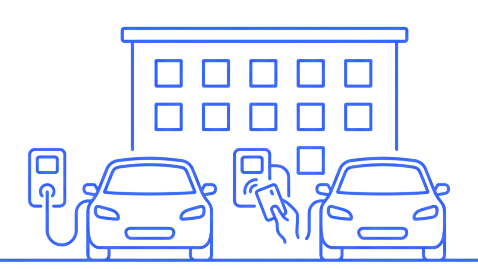 Two electric vehicles outside a building, one plugged into a charger and one being accessed via contactless card payment