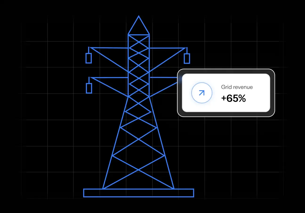 Electricity pylon beside a card showing grid revenue up 65%