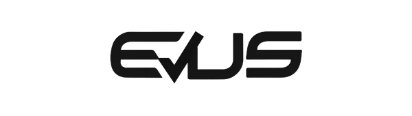 Logotipo en negro de la palabra "EVUS" con un diseño moderno y estilizado. Fondo transparente.