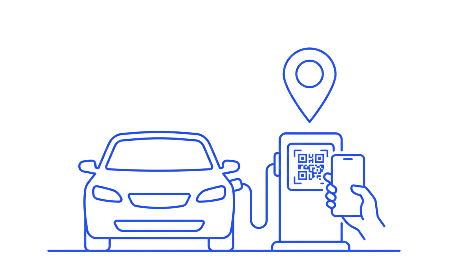 Illustration of a car at a charging station where a hand scans a QR code on a smartphone, with a location pin above
