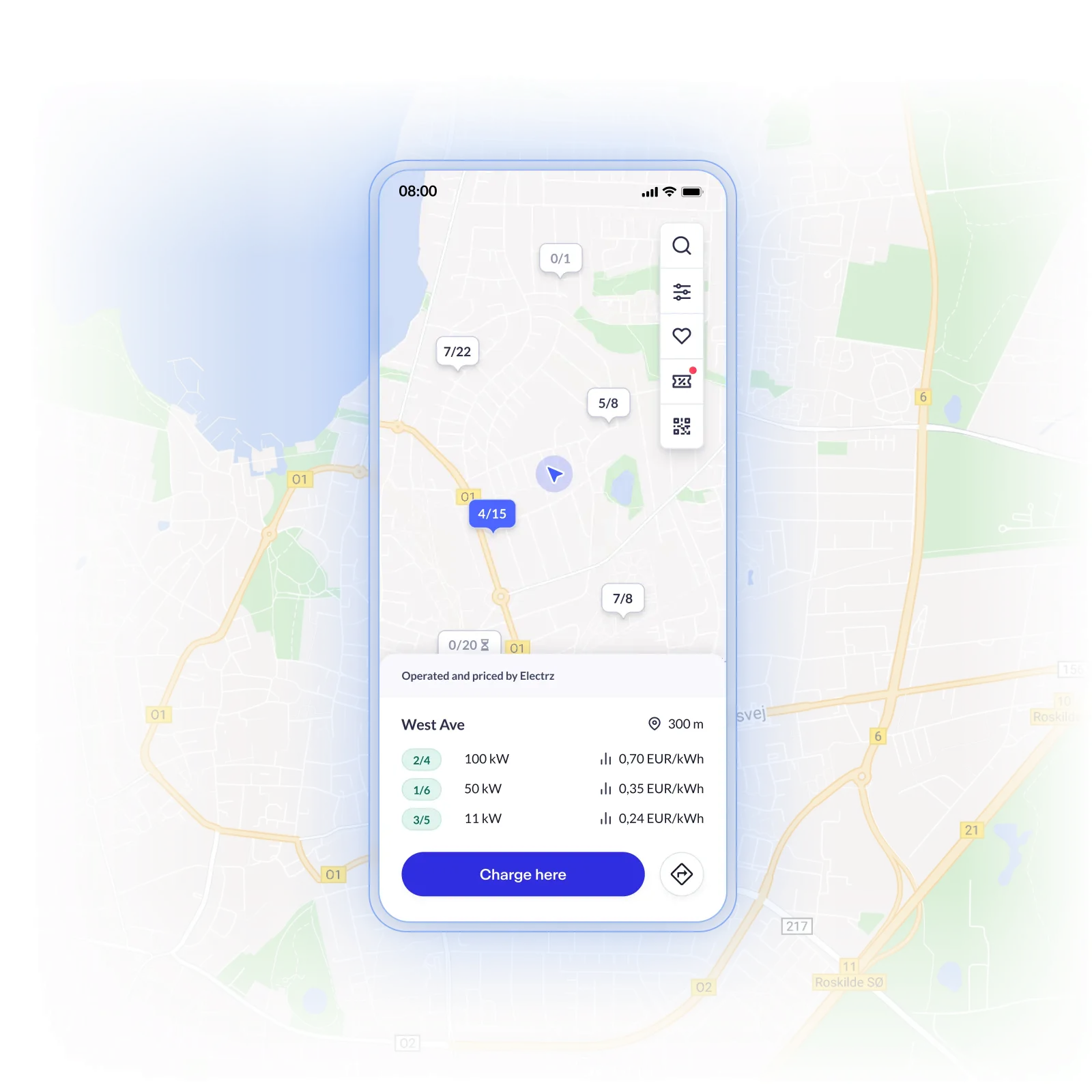 The Monta Charge app map showing nearby charge points, their availability and prices