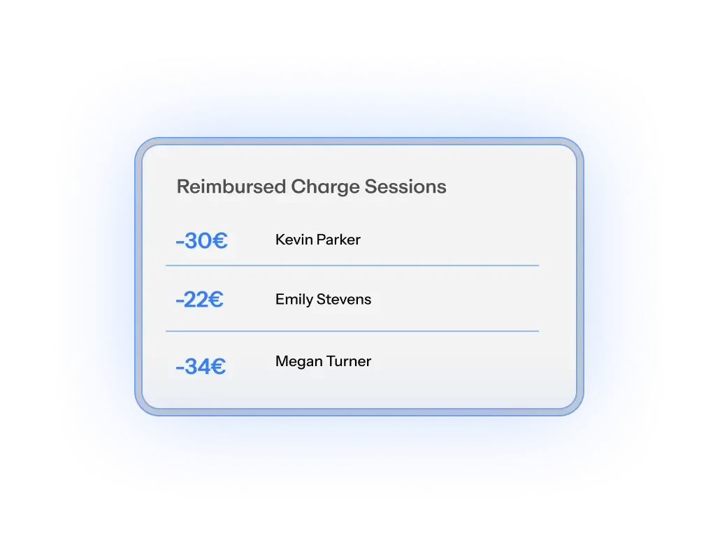 Reimbursed charge sessions listed per driver with the amount paid back