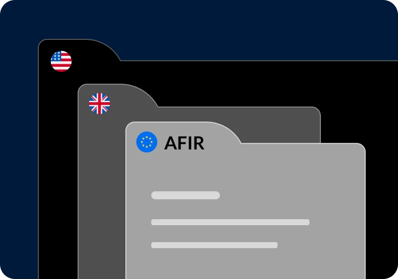 Three document tabs in a layered layout: a grey tab labelled 'AFIR' with European Union symbolism, plus tabs for the USA and UK.