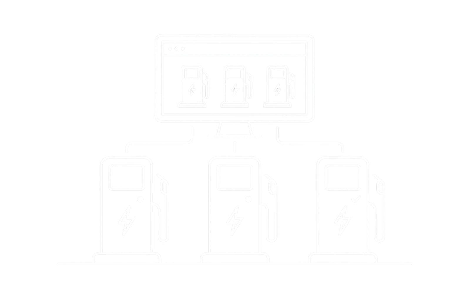 Illustration of a monitor showing three charge points, wired to three charge points below it
