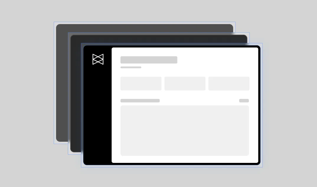 Three layered dashboard screens in varying shades of grey, with the top screen featuring a white layout and a visually distinctive logo.