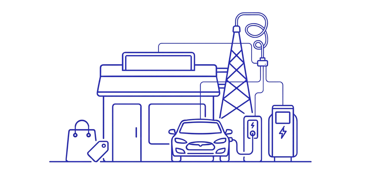 Illustration of an electric vehicle charging at a station beside a retail unit, connected to a power grid tower