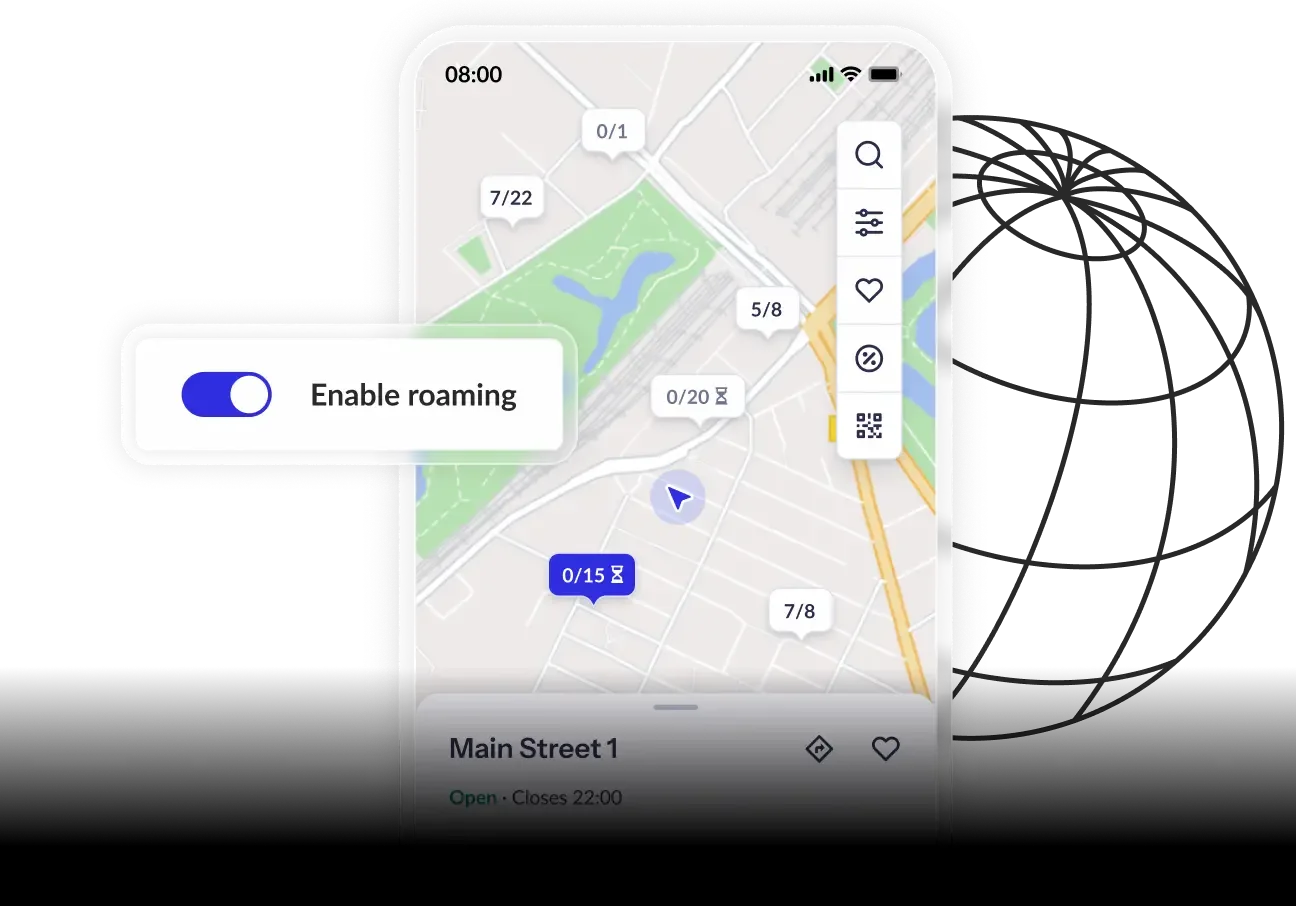 Map interface on a mobile screen showing a network of EV charging stations with a toggle switch for enabling roaming.