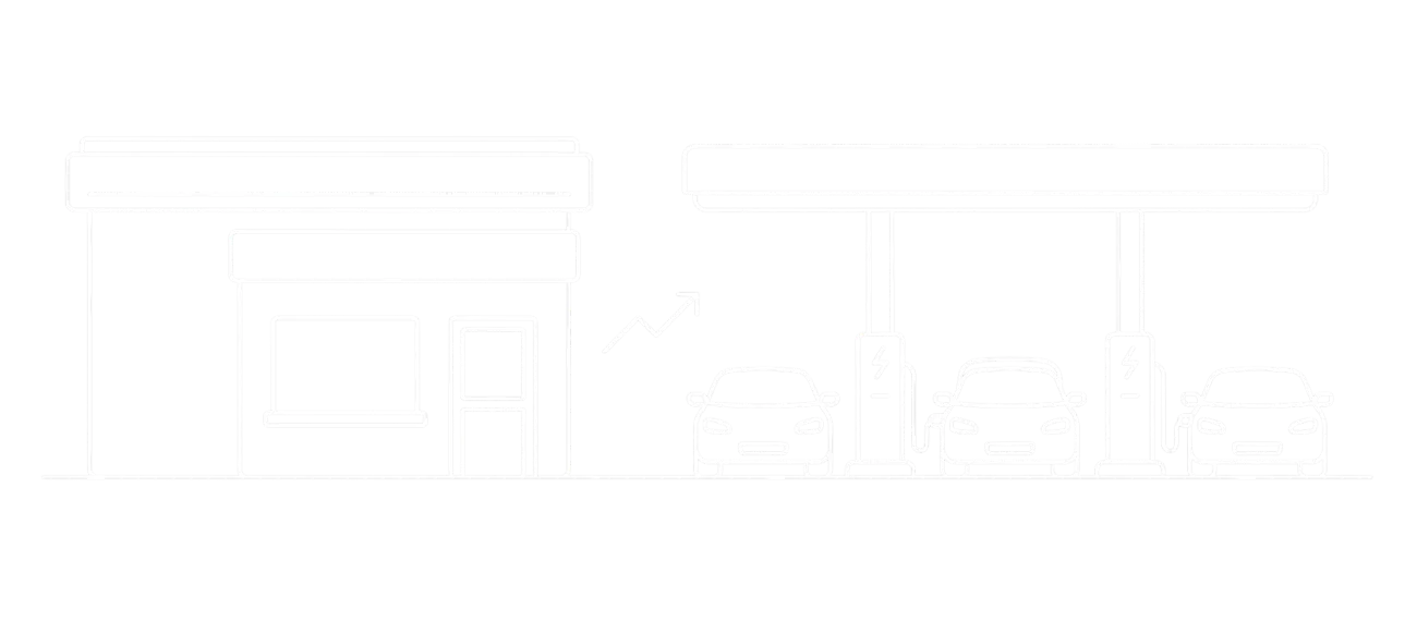 Illustration of a forecourt shop beside a canopy with three cars charging