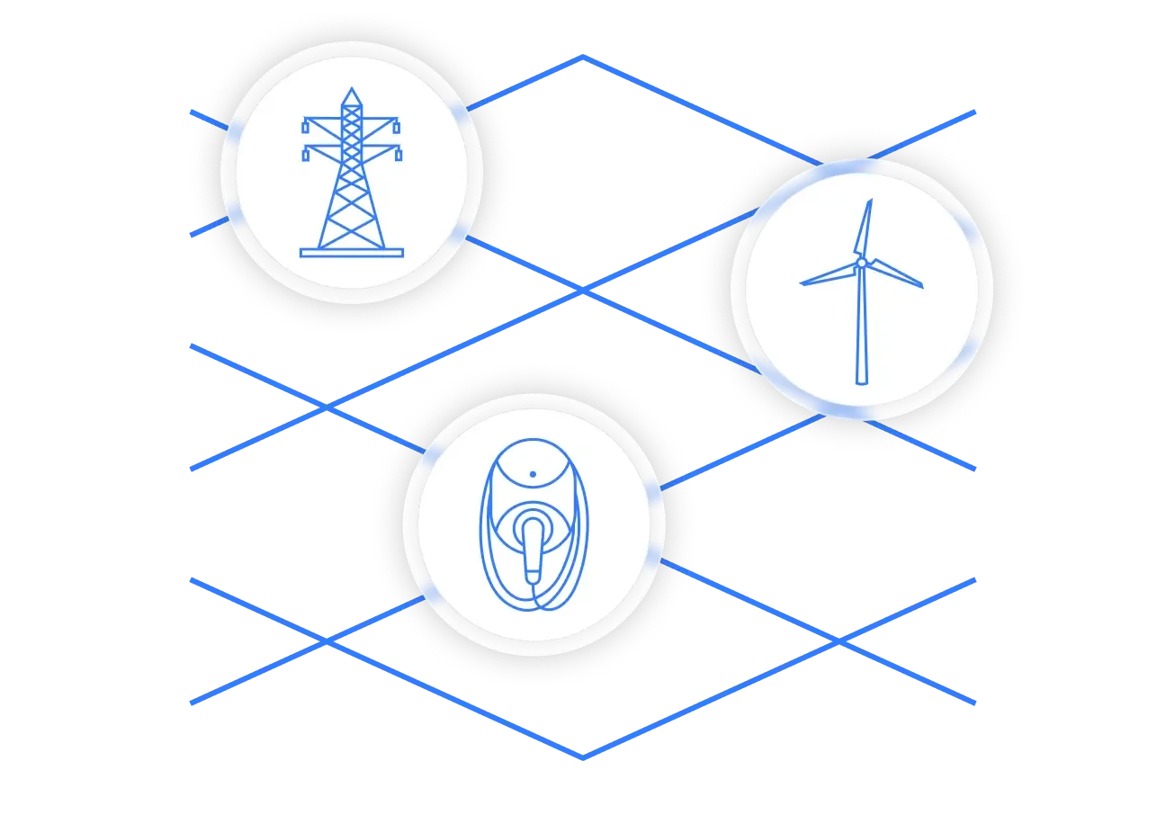 Illustration of a pylon, a wind turbine and a charge point linked across a grid