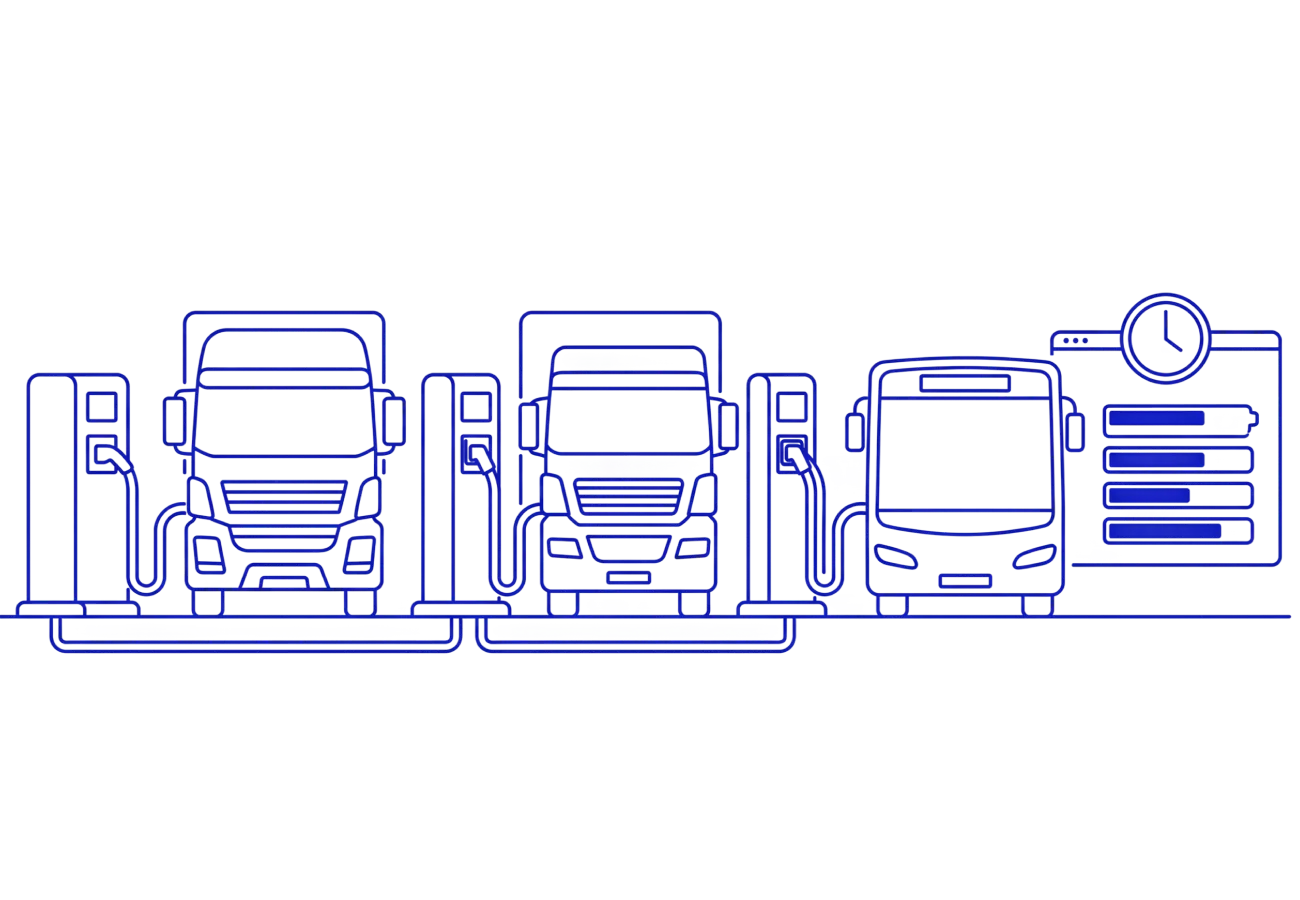 Two lorries and a bus at charging stations, with a screen showing charge levels and a clock, illustrating fleet charging management
