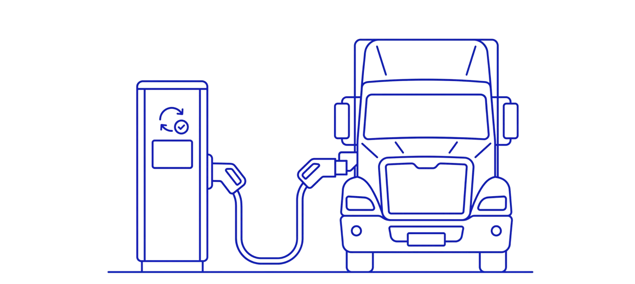 Line illustration of a heavy goods vehicle being fuelled at a pump with a recycling or refresh symbol on the dispenser