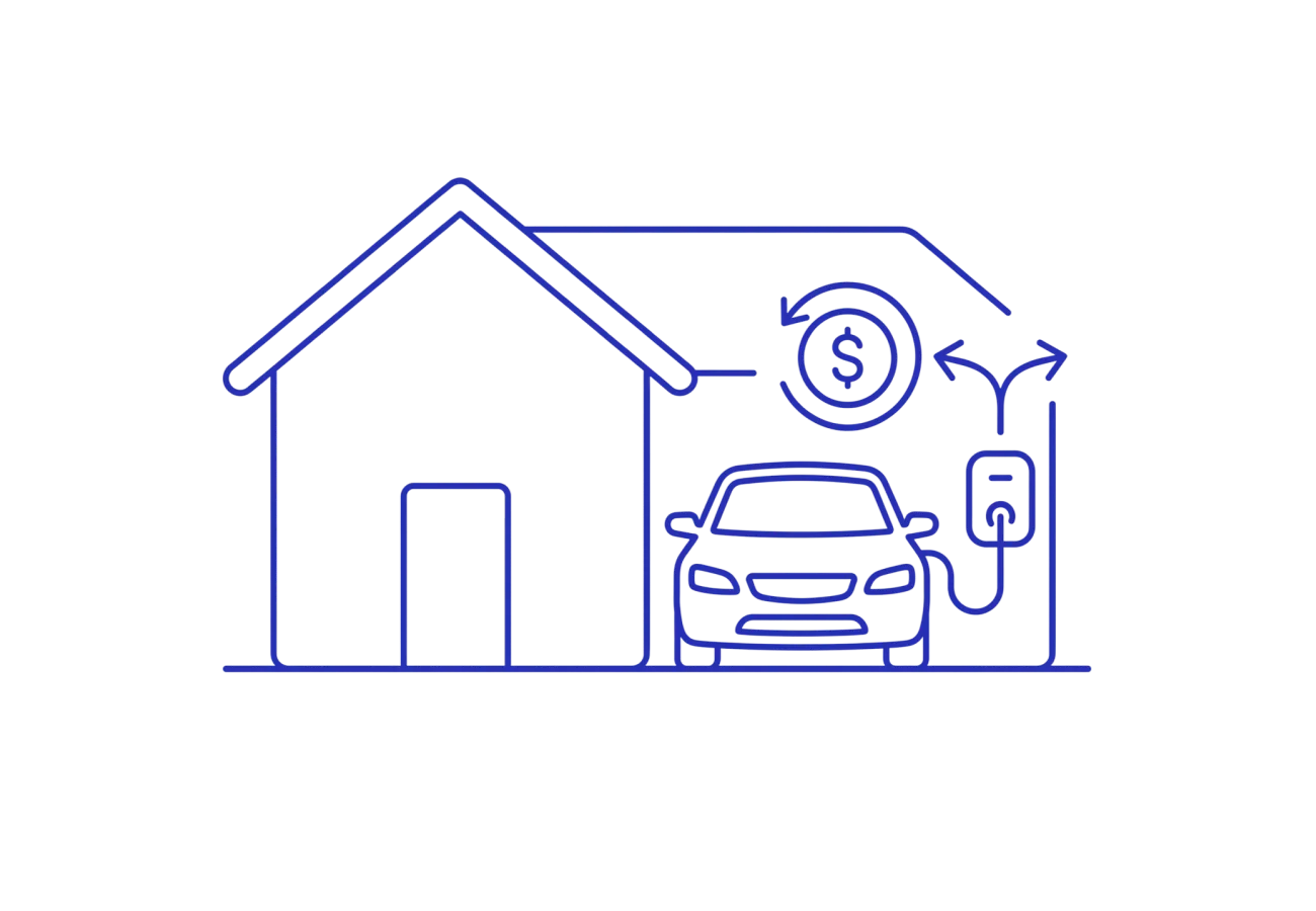 Electric vehicle plugged into a home charger with a dollar coin and circular arrows, illustrating cost savings from home EV charging