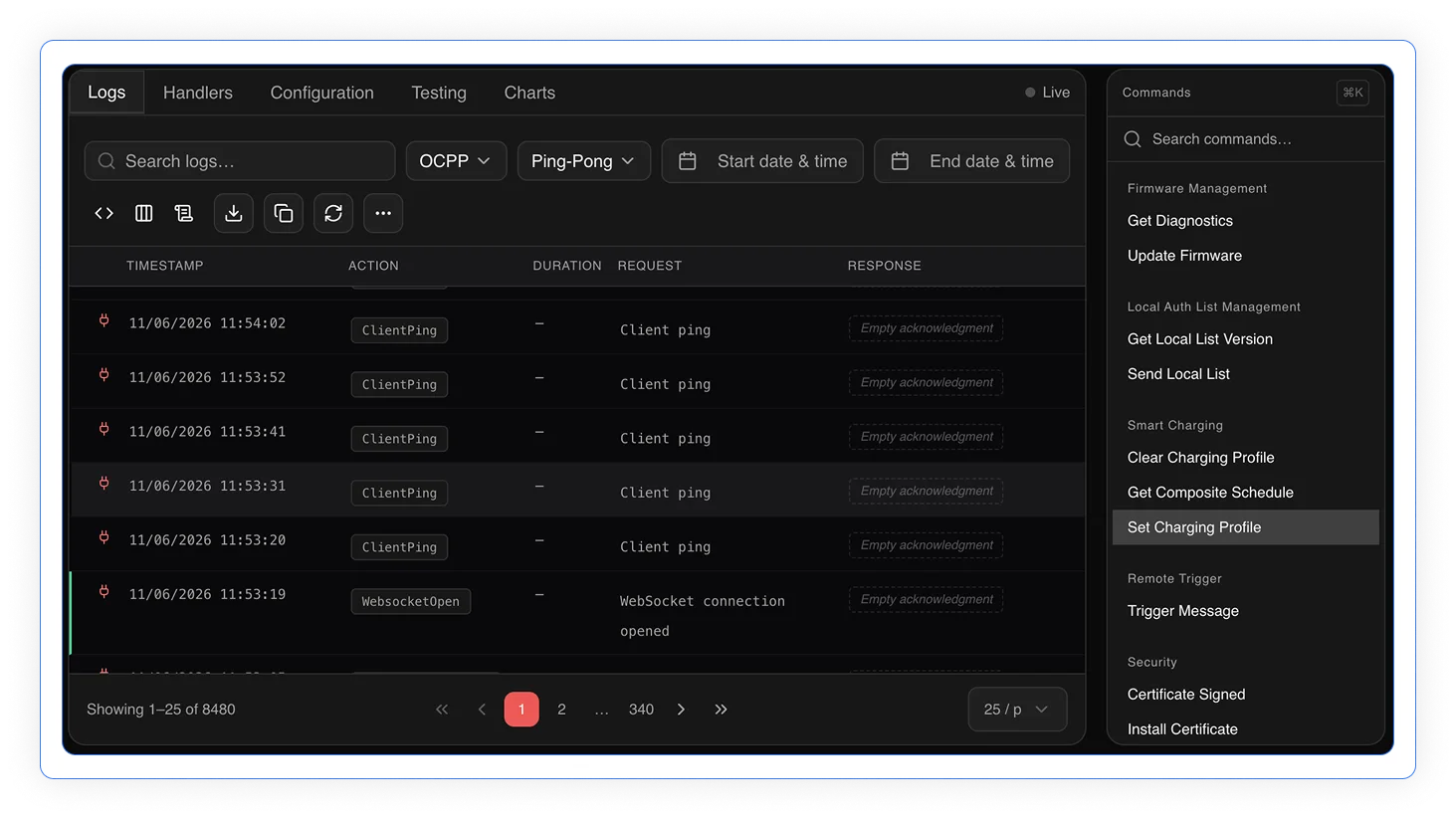 OCPP logs interface showing timestamped ClientPing and WebSocket events, with a Commands panel listing smart charging and firmware options