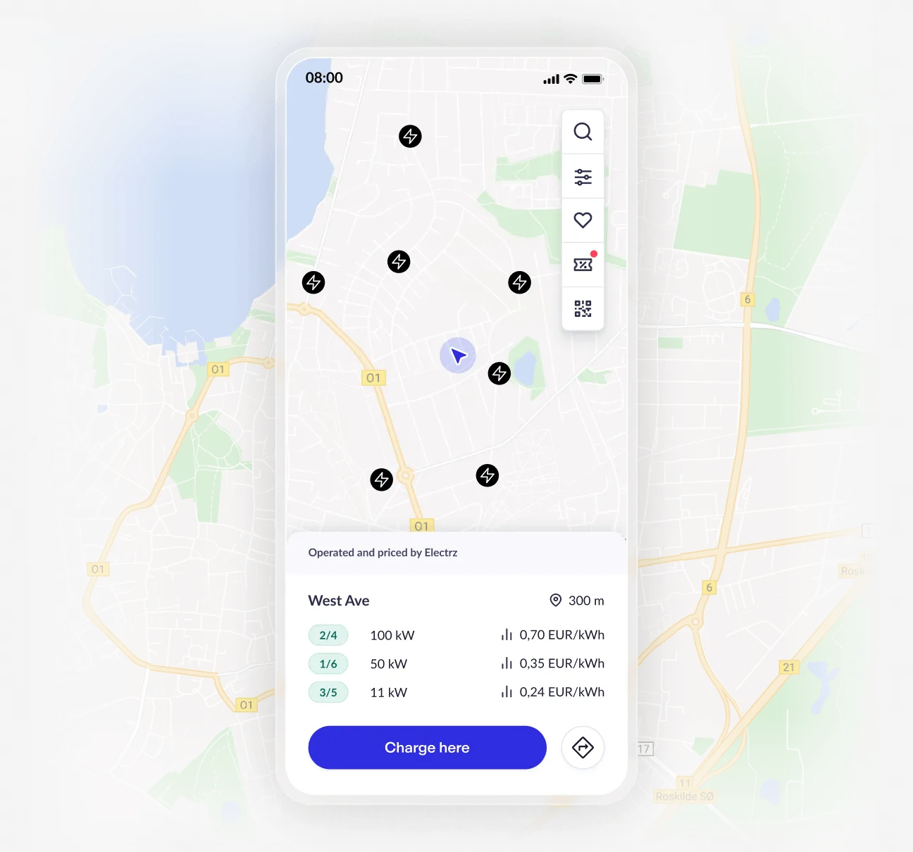 A phone showing a map of charging stations, with power and price per kWh for the selected one