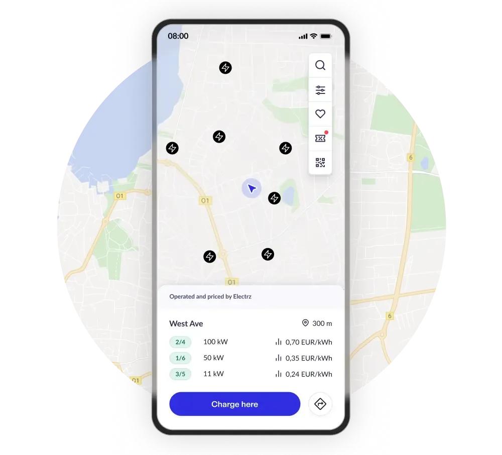 The Monta app showing a map of roaming charge points