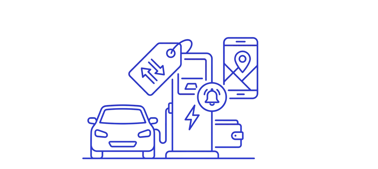 Illustration of an electric vehicle at a charging station with icons representing pricing, notifications, location mapping, and payment