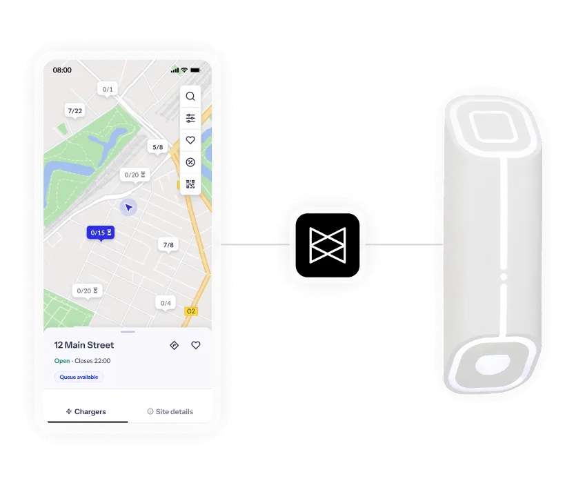 Smartphone displaying a map with a location highlighted, connected to a charging station, featuring a white, rounded design.