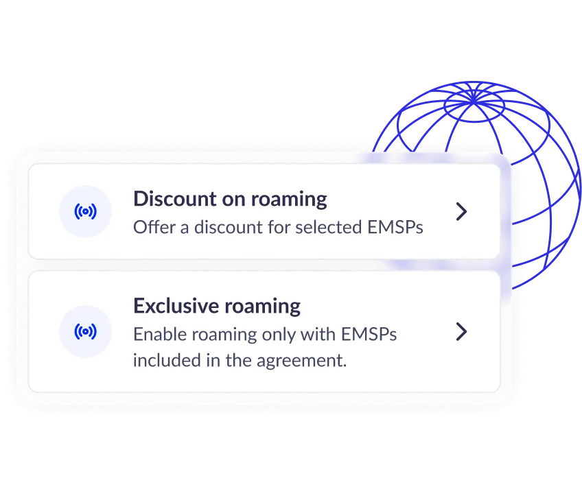 Two sections highlighted: "Discount on roaming" and "Exclusive roaming," with a globe graphic and purple accents.