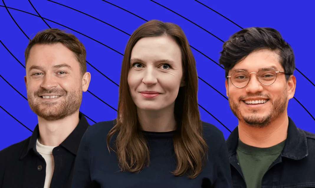Three people smiling against a bright blue background with wavy, black lines; from left to right: a man with light brown hair, a woman with long brown hair, and a man with curly hair and glasses.