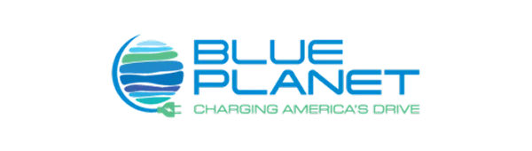Logo featuring "BLUE PLANET" in bold blue letters, with a stylized globe and "CHARGING AMERICA'S DRIVE" in green below.