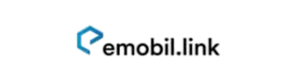 Blaues Symbol mit abgerundeten Ecken links, gefolgt von der schwarzen Schrift "emobil.link" auf weißem Hintergrund.