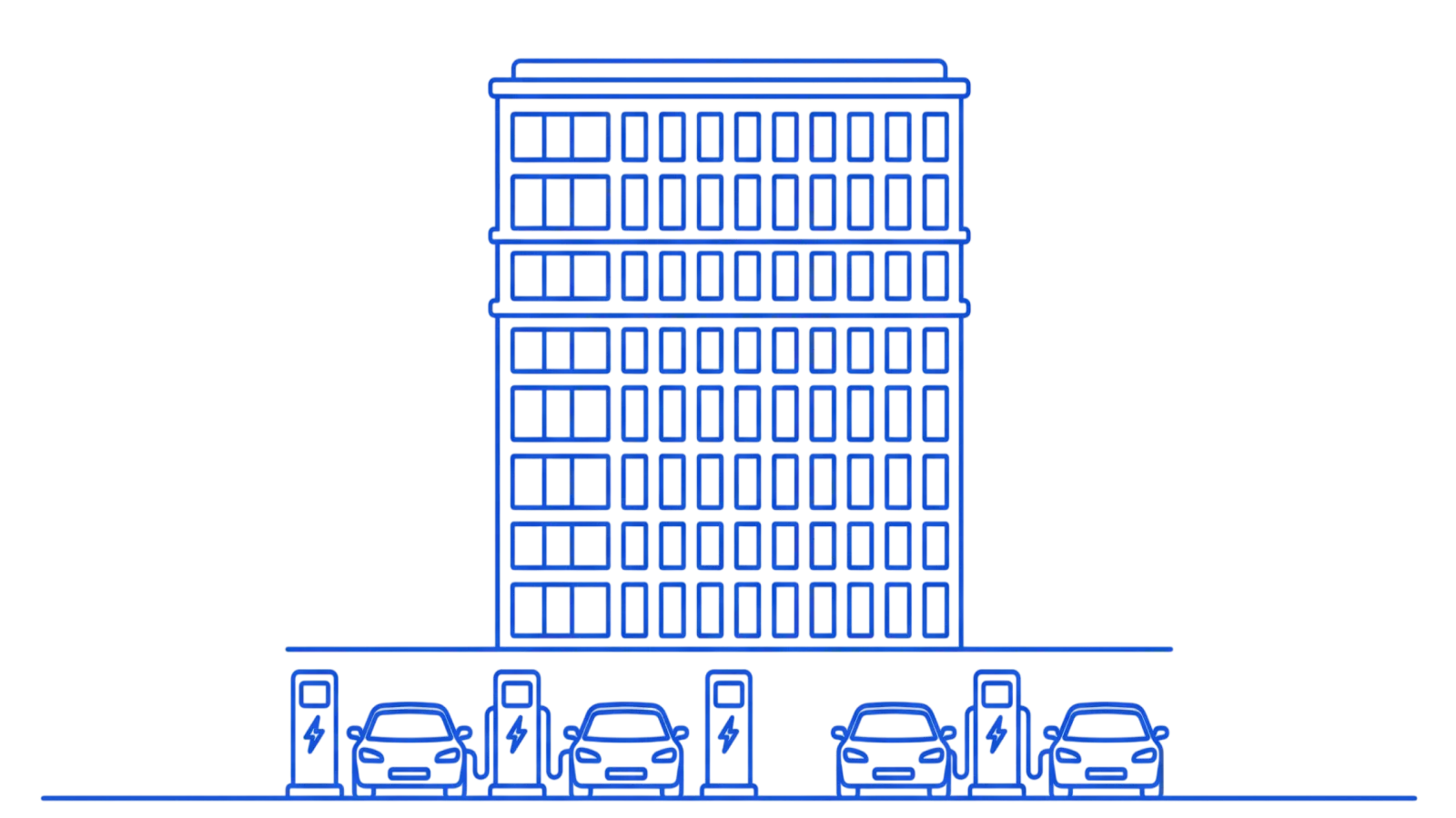 Illustration of a multi-storey office building with electric vehicles charging at stations in the car park below