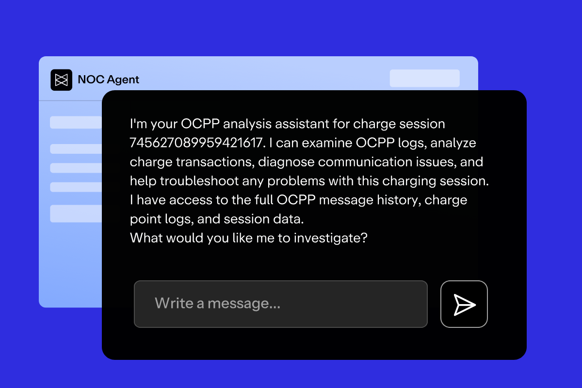 The NOC Agent chat in Monta Control, offering to analyse a charge session's OCPP logs
