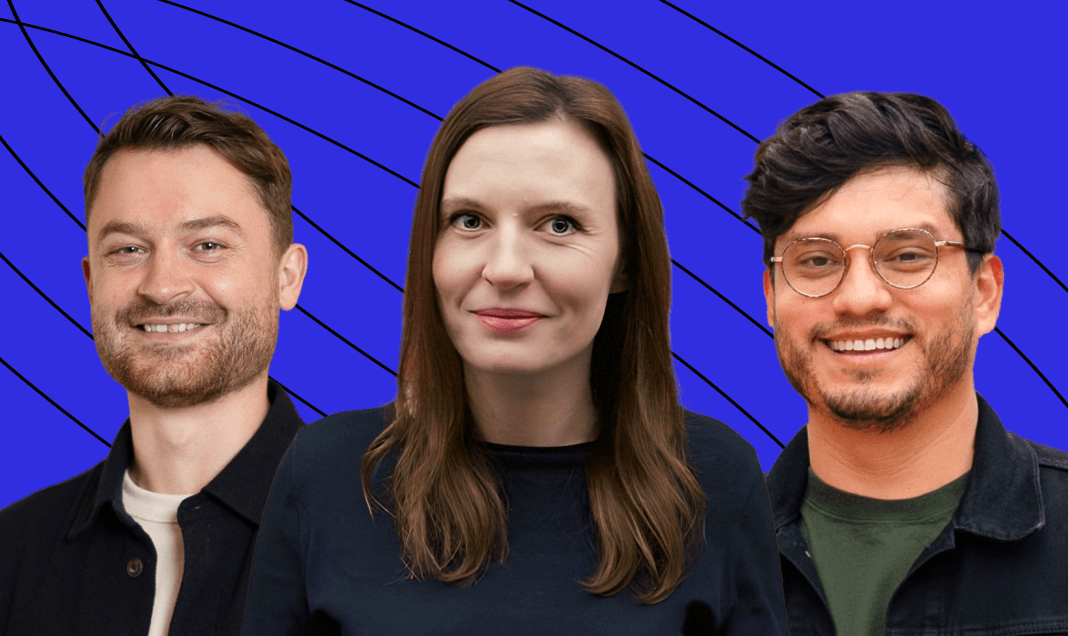 Three people smiling against a bright blue background with wavy, black lines; from left to right, a man with light brown hair, a woman with long brown hair, and a man with curly hair and glasses.
